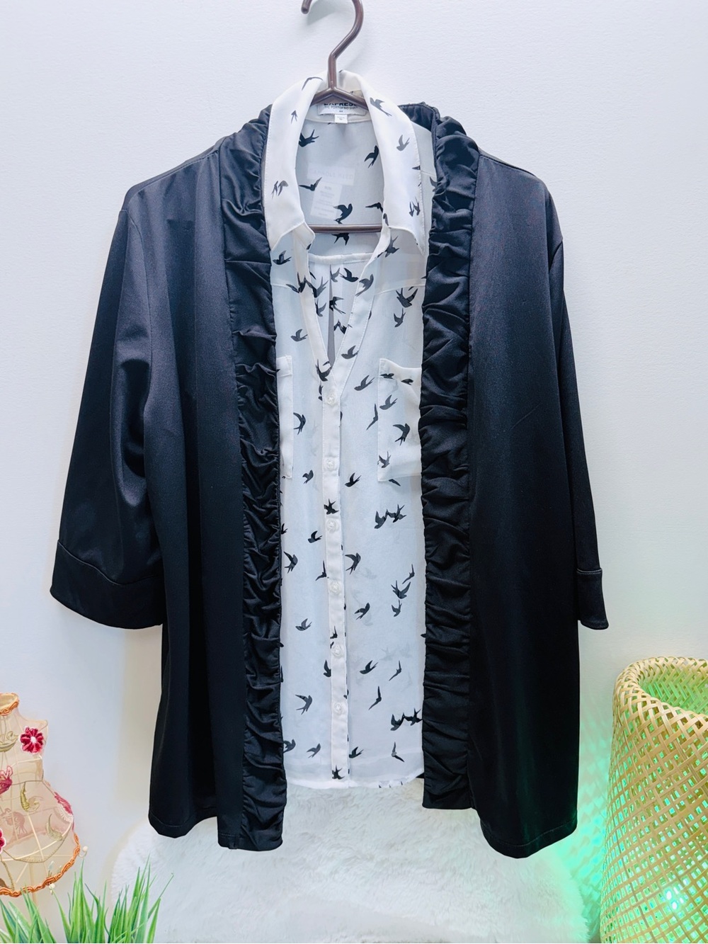 Set of Black Ruffled Open Cardigan w/ White Raven Print Top Black Tie Wedding 🦅